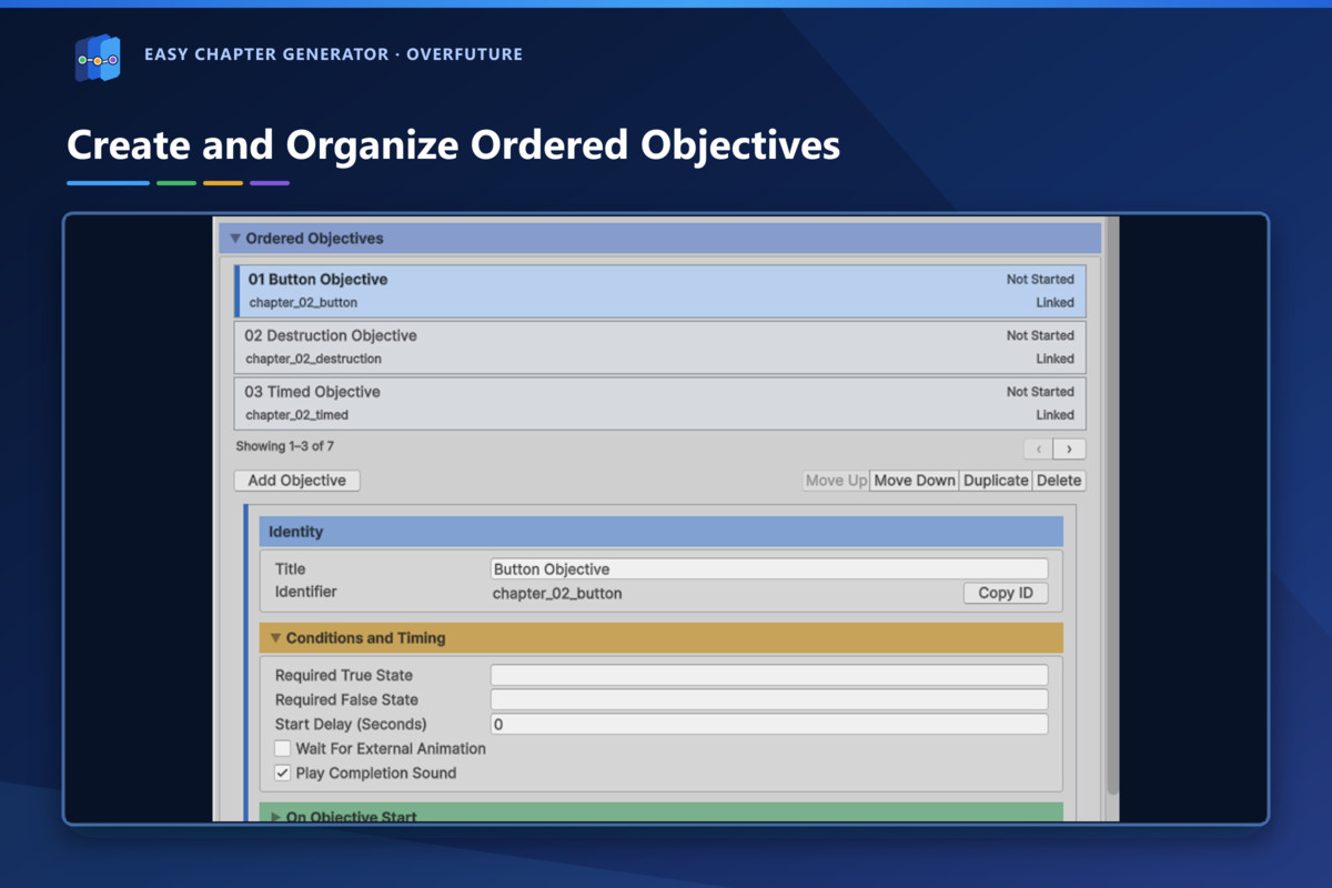 Objective list with a selected entry and its configuration fields.