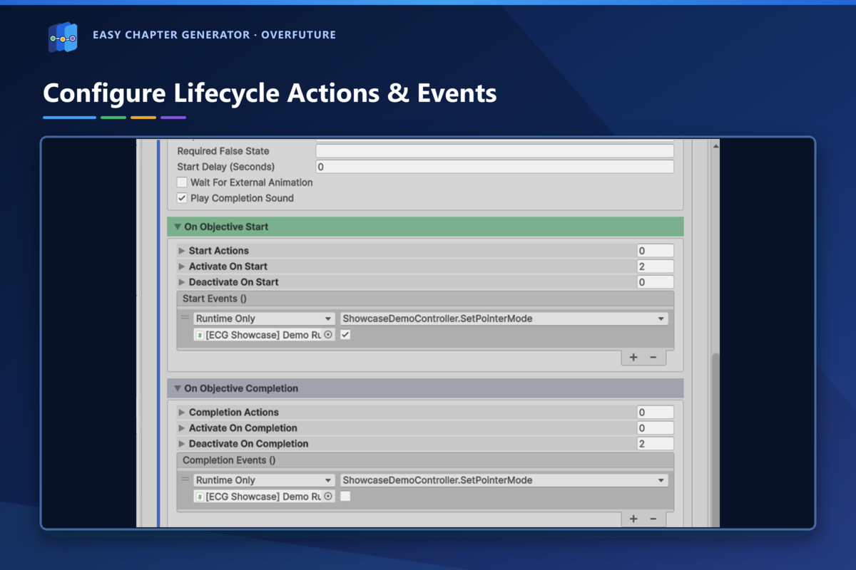 Objective start and completion settings with object lists and UnityEvents.