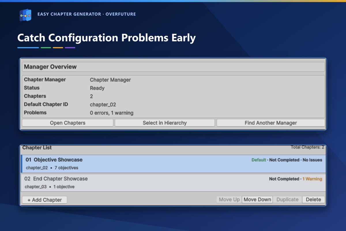 Easy Chapter Generator window showing configuration warnings.